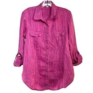 Coldwater Creek Button Front Linen Shirt Blouse Women's 14 Pink Roll Tab Sleeves
